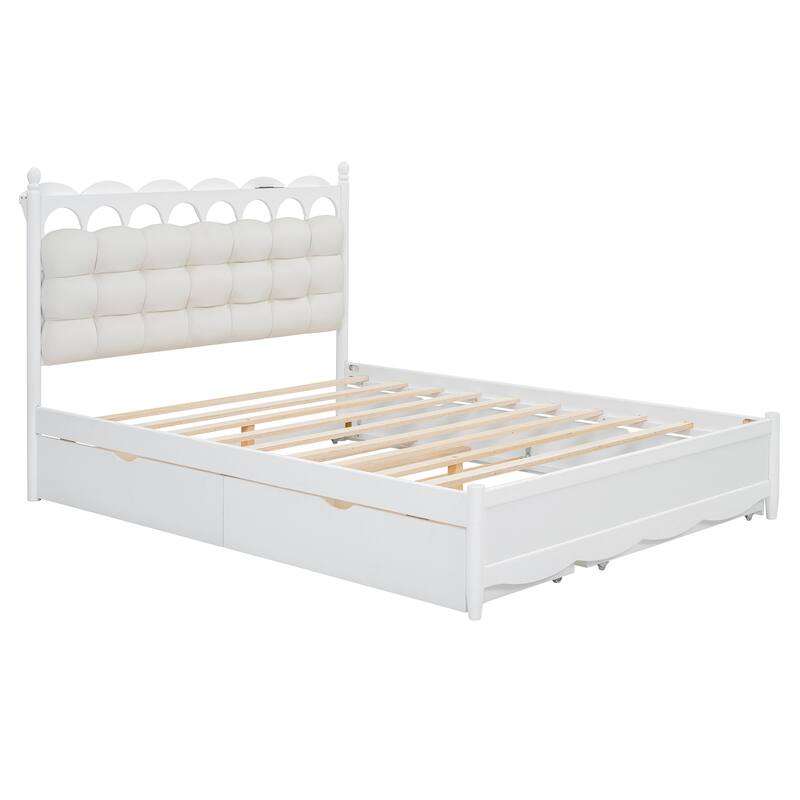Queen Size Wooden Platform Bed Frame with Trundle, 2 Big Drawers and USB Ports, Stylish and Functional Bedroom Furniture