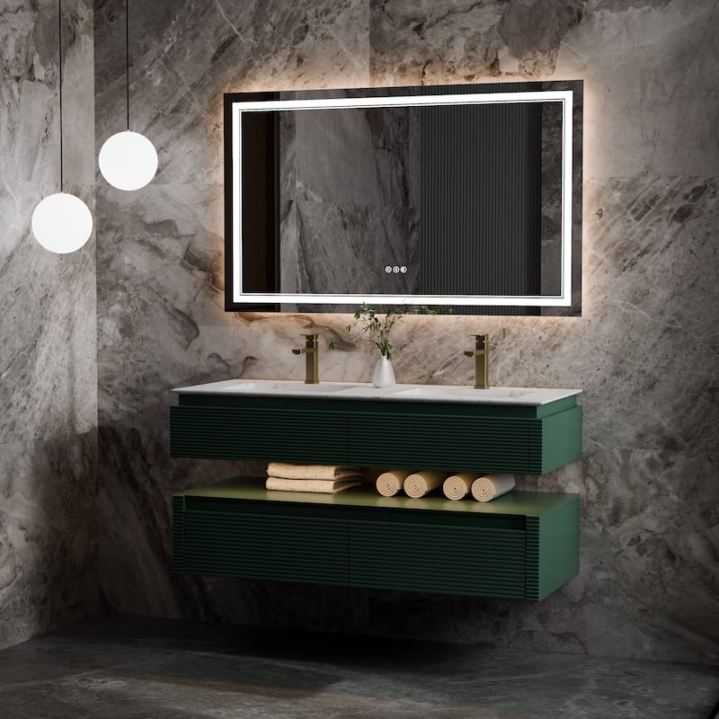Modland 48" Modern Wall-Mounted Double Sink Bathroom Vanity with Engineered Stone Countertop,LED Light