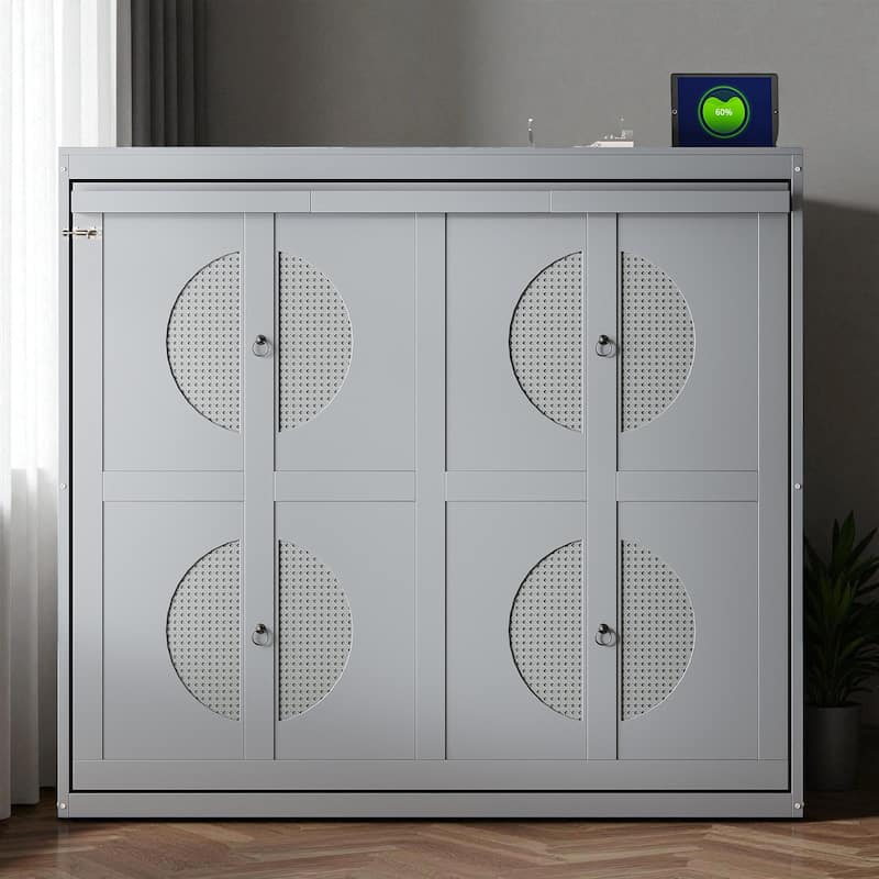 Full/Queen Size Murphy Wall Bed with Cabinet, Space-Saving Fold-Out Bed with Slat Support, No Box Spring Needed - Grey - Full