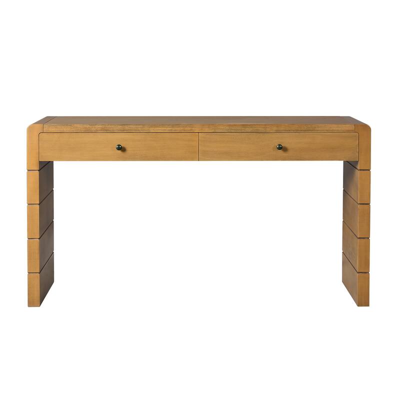 Anmytek Farmhouse Rustic Curved Wooden Storage Console Table with 2 Drawers for Entryway Hallway Living Room Natural