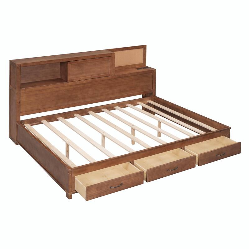 Wooden Daybed with Storage Drawers, Soft Board, Shelf, Sockets, USB Ports