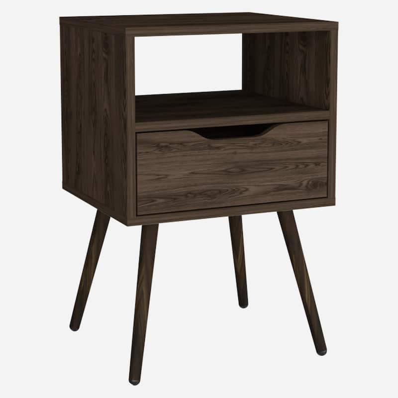 Nightstand 25"H, Superior Top, Four Legs, One Open Shelf, One Drawer, Dark Walnut
