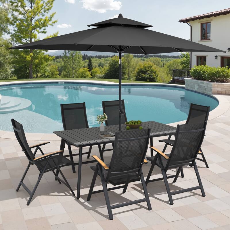 9/11-Piece Outdoor Aluminum Patio Dining Set w/10 ft Umbrella and Base, Rectangle Table and Folding Chairs - Set of 9 - Grey Table with Black Umbrella