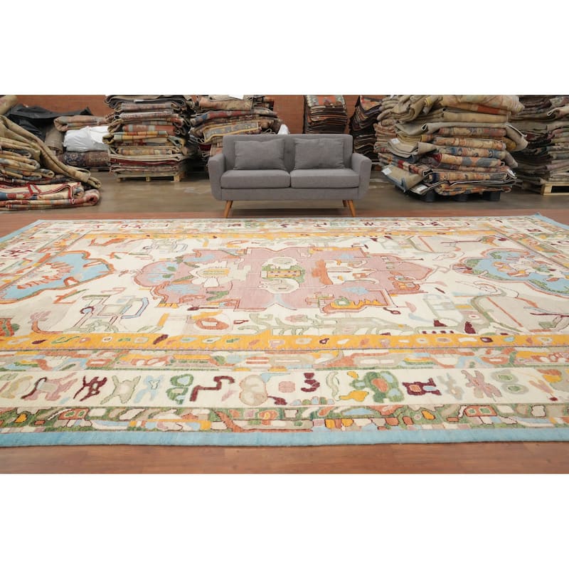Hand Knotted Oriental 100% Wool Carpet Transitional Medallion Beige & Ivories Oushak Area Rug - 17' 5'' X 12' 0''