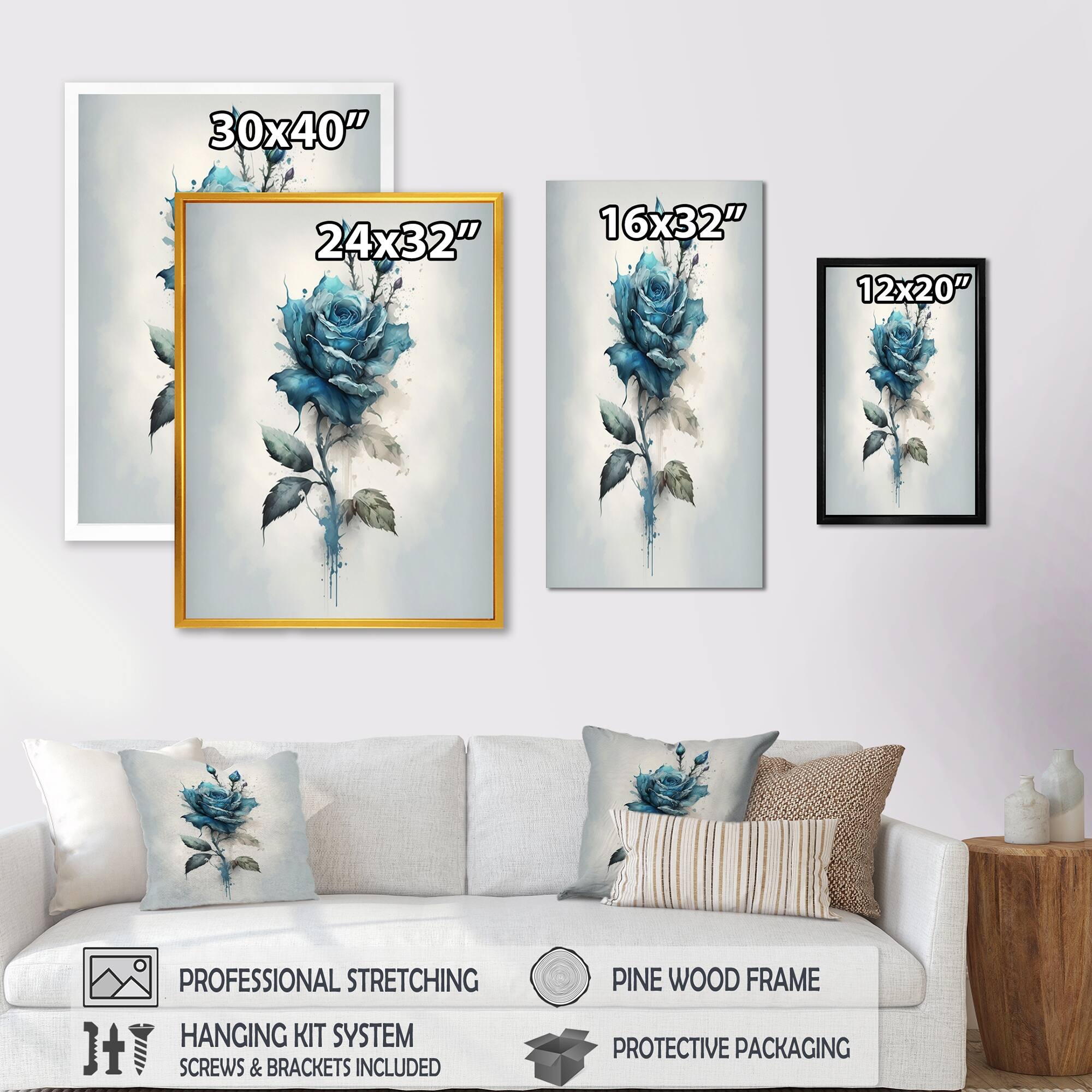Designart 'Blue Rose With Thorns' Floral Rose Canvas Wall Art - Bed ...