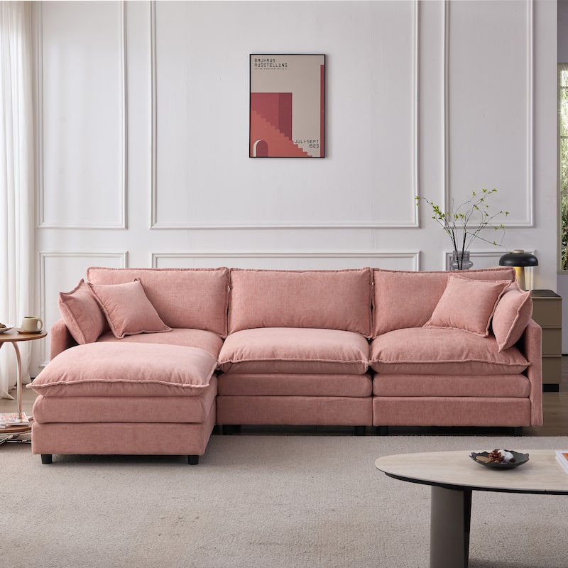 Chenille Upholstered L-shaped Sectional Sofa 3 Seater Modular Couch with Ottoman, Pillows and Double Layer Seat Cushions