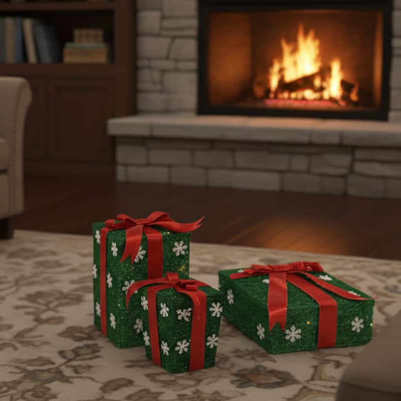 3 Pre-Lit Green Red Gift Boxes Outdoor Christmas Decorations 13"