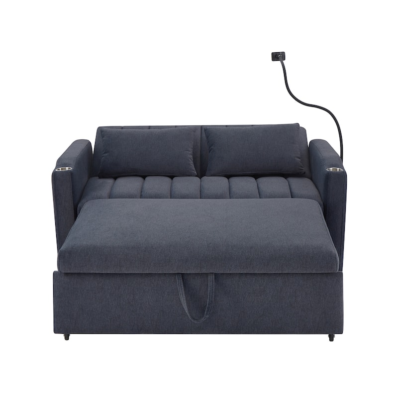 Anmytek 56 Inch Blue Grey Convertible Sofa Bed Loveseat with USB Ports Cup Holders and Swivel Phone Holder
