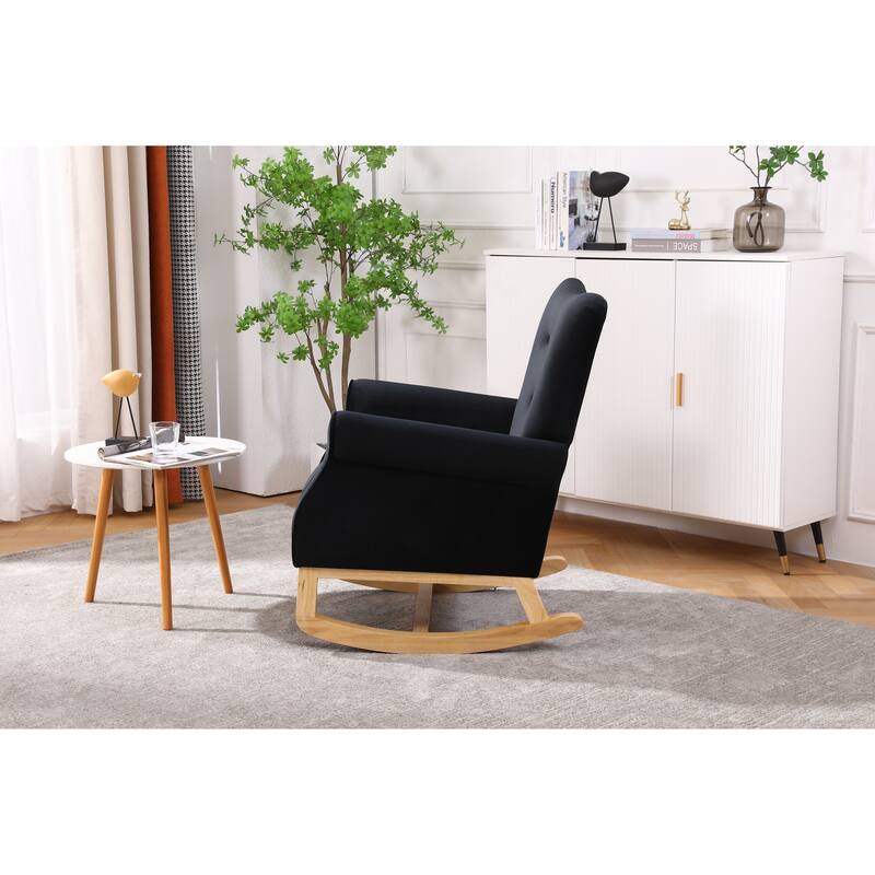 Mid Century Modern Velvet Accent Rocker Armchair with Side Pocket, High Back Wooden Rocking Chair for Living Room Bedroom