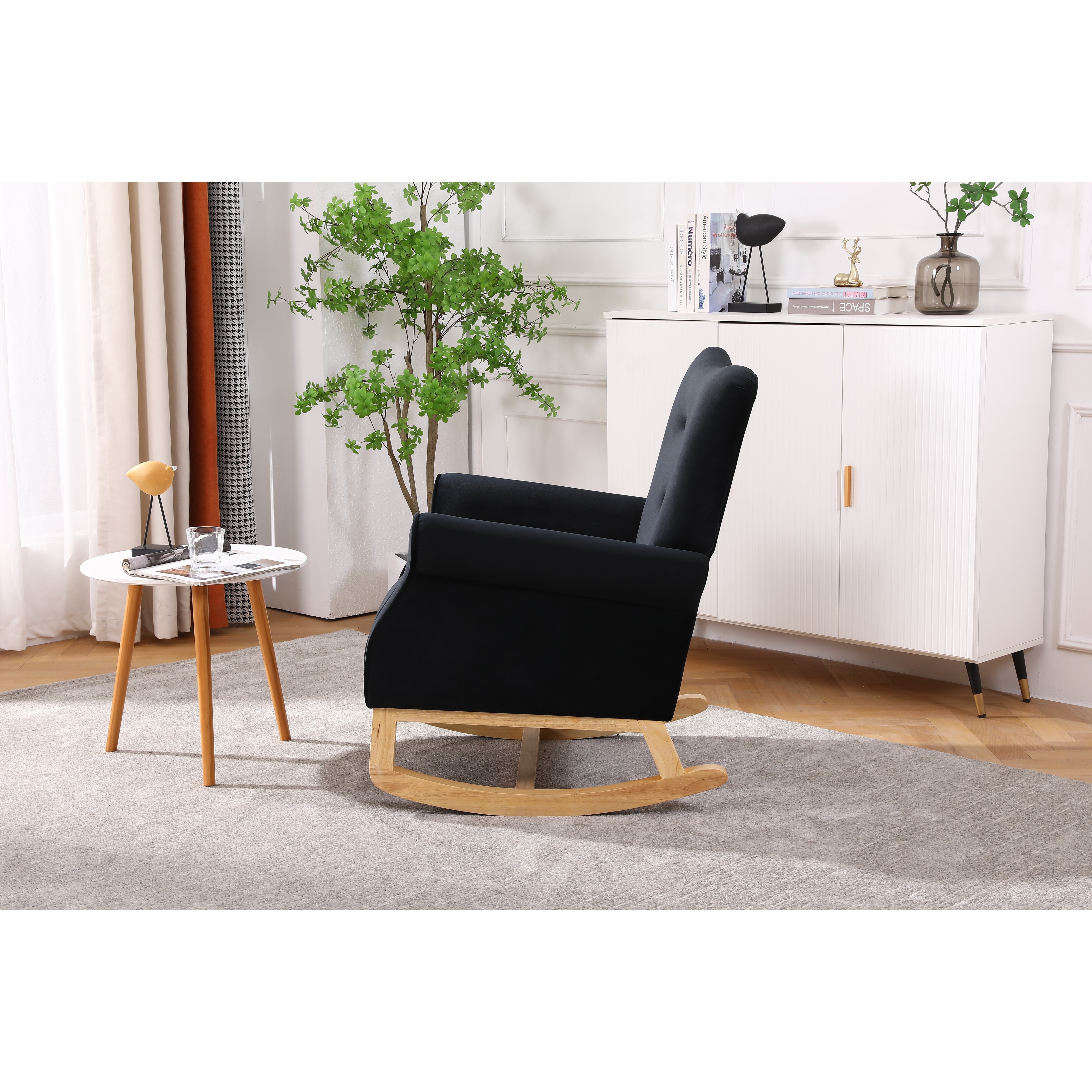 Modern High Back Armchair Comfortable Rocking Chair Velvet Fabric Padded Seat Living Room Accent Chairs with Wood Legs Bed Bath Beyond 37833476