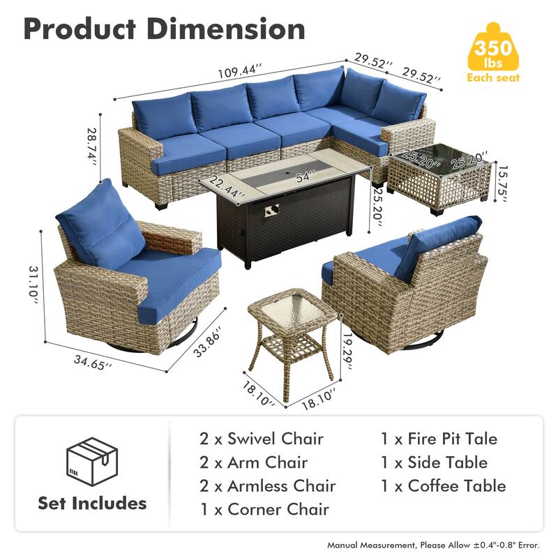 OVIOS 10 Pieces T shaped Seat Wide Armrest Swivel Chair Set With Solar-Powered Table&Fire Pit
