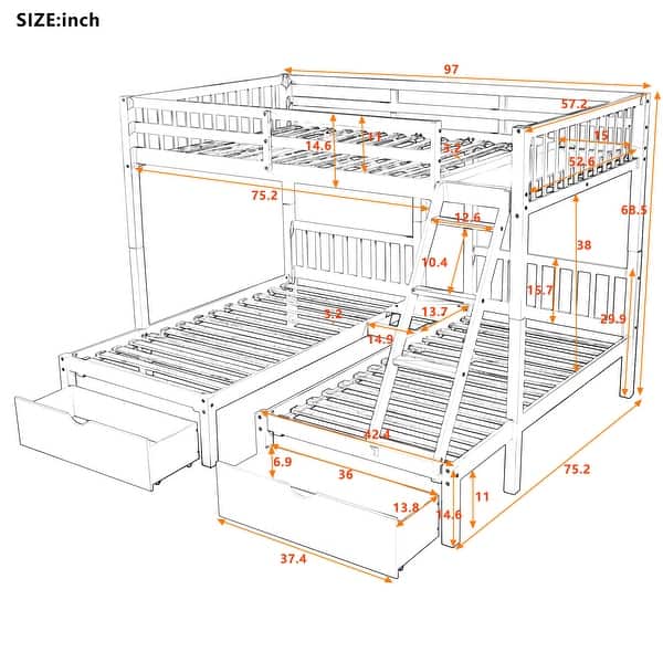 dimension image slide 0 of 2, Full Over Double Twin Storage Bunk Bed with Drawers