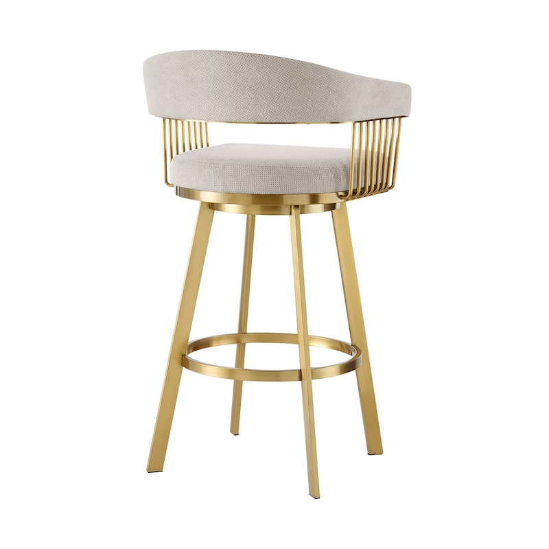 HomeRoots 26" Taupe and Gold Fabric and Stainless Steel Low Back Counter Height Swivel Bar Chair
