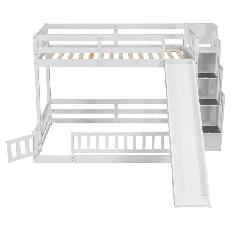 Twin Over Full Bunk Bed with Storage Staircase, Slide and Guardrails Toddler Floor Bed with Fence and Door, Floor Bunk Bed Frame