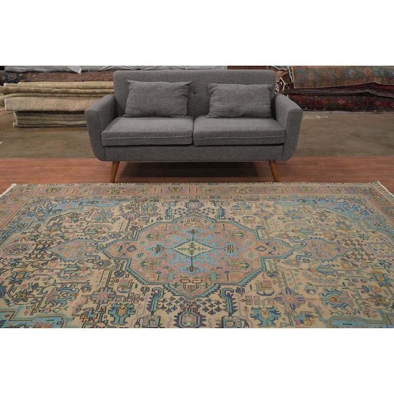 Hand Knotted Oriental 100% Wool Carpet Traditional Medallion Peach Tabriz Area Rug - 9' 6'' X 6' 7''