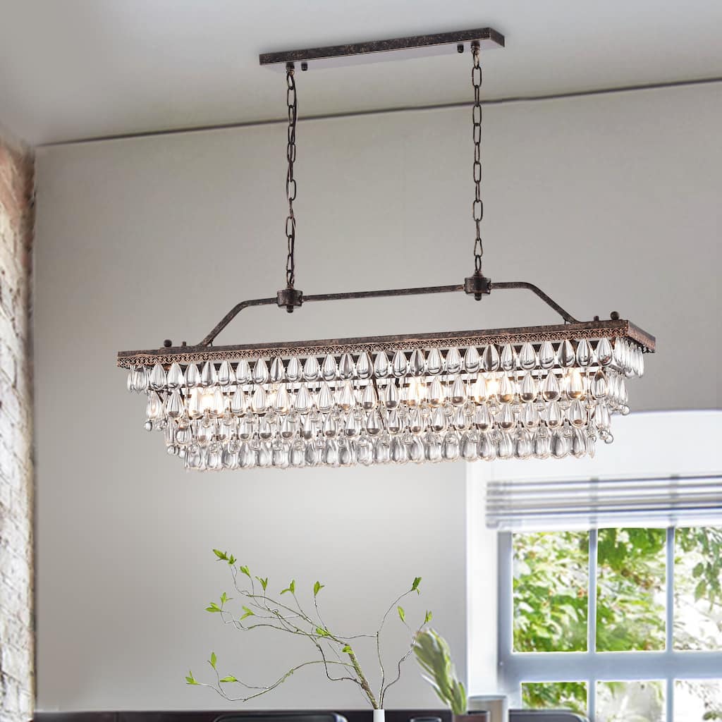 Antique Bronze 6-Light Rectangular Kitchen Island Lighting with Crystal Hanging - Antique Bronze