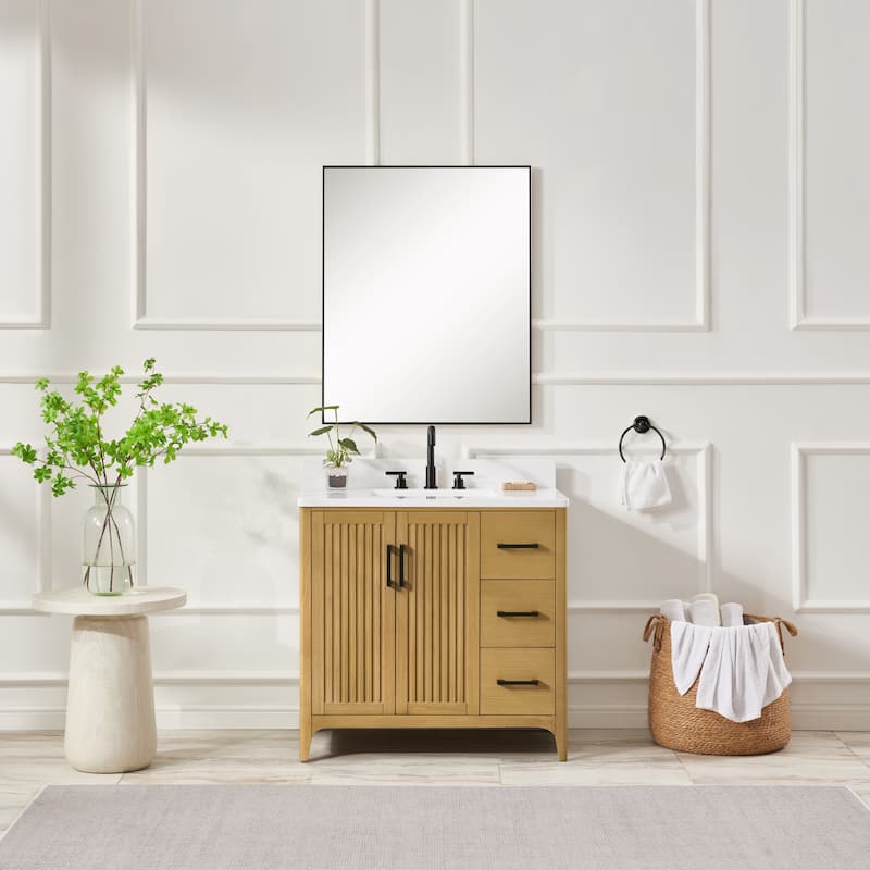 36" Solid Wood Bathroom Vanity with USB Charging Storage