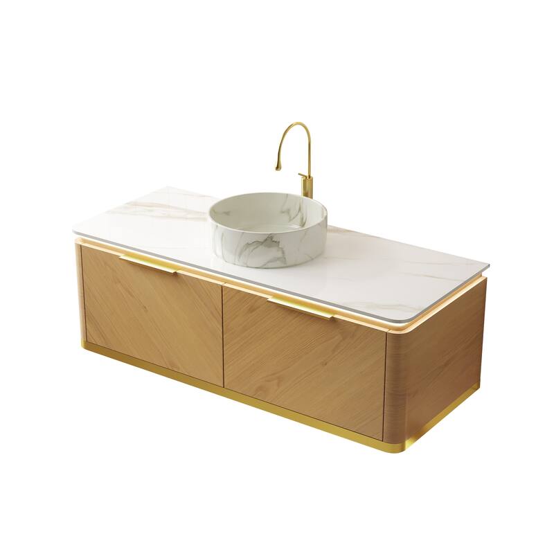 GDFStudio - Dipa Modern 48" Floating Bathroom Vanity with Sensor Light, Drawers & Marble Pattern Ceramic Basin, WITHOUT Faucet