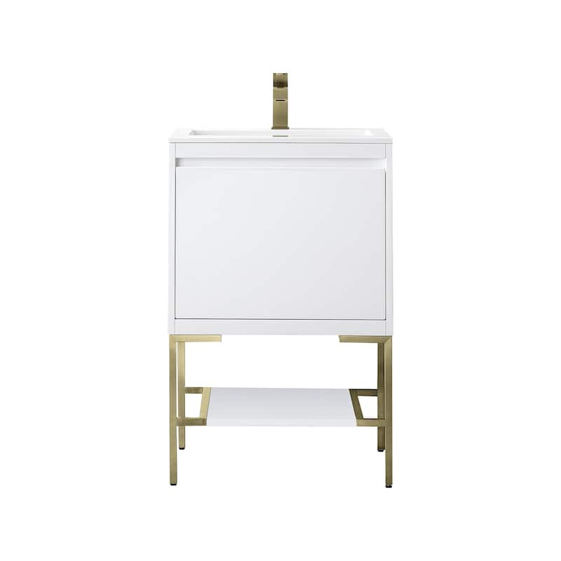 James Martin Vanities Mantova 23.6" Single Vanity Cabinet, Glossy White - Champagne Brass Base, Glossy White Top
