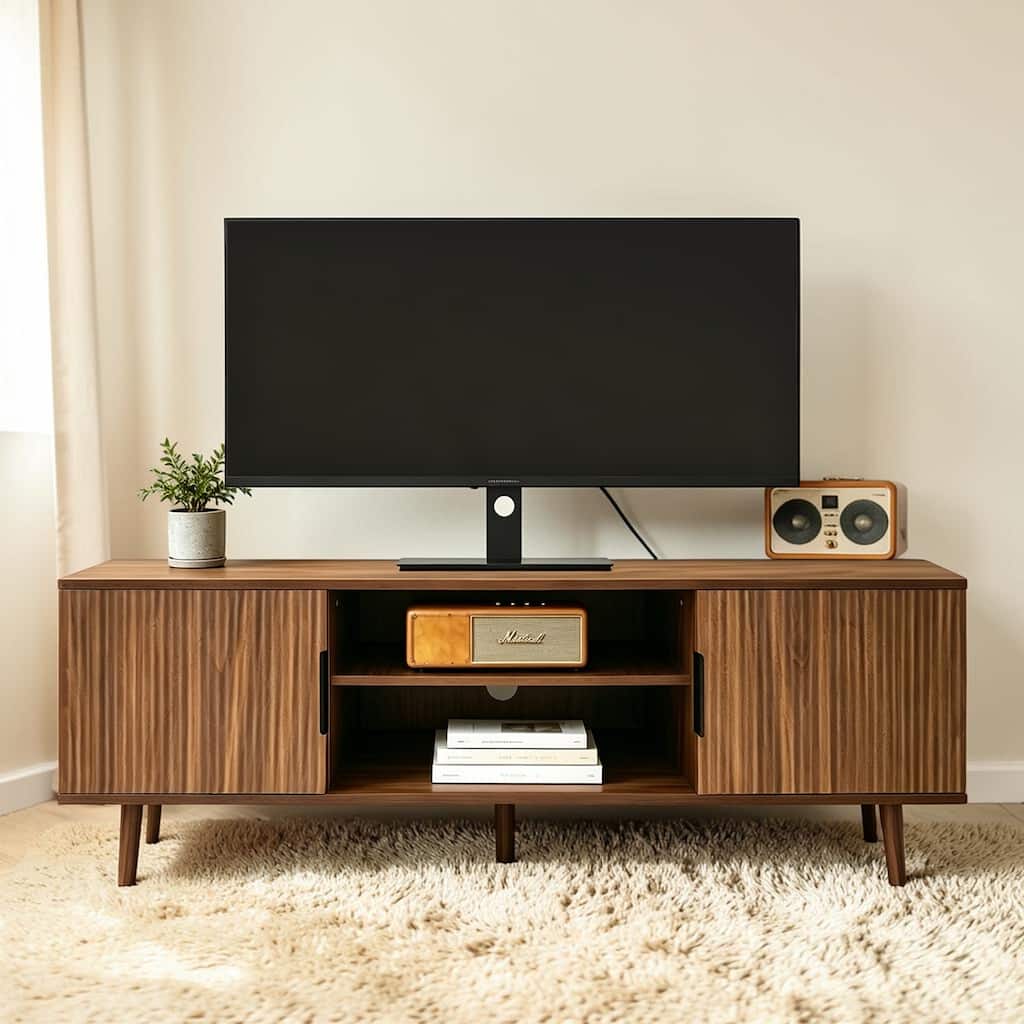 54.3" Mid Century Modern TV Stand with Fluted Doors, Wood Entertainment Center with Storage Cabinets