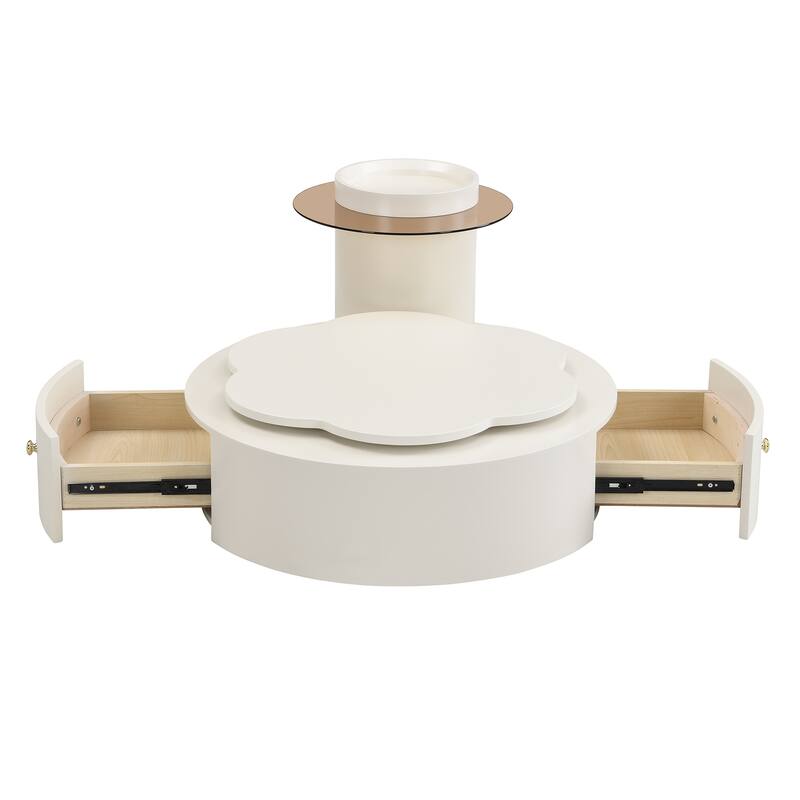 Round Coffee Table Set of 2, 360-Degree Rotatable Flower-Shaped Top Table with 2 Drawers, Glass Top Side Table End Table