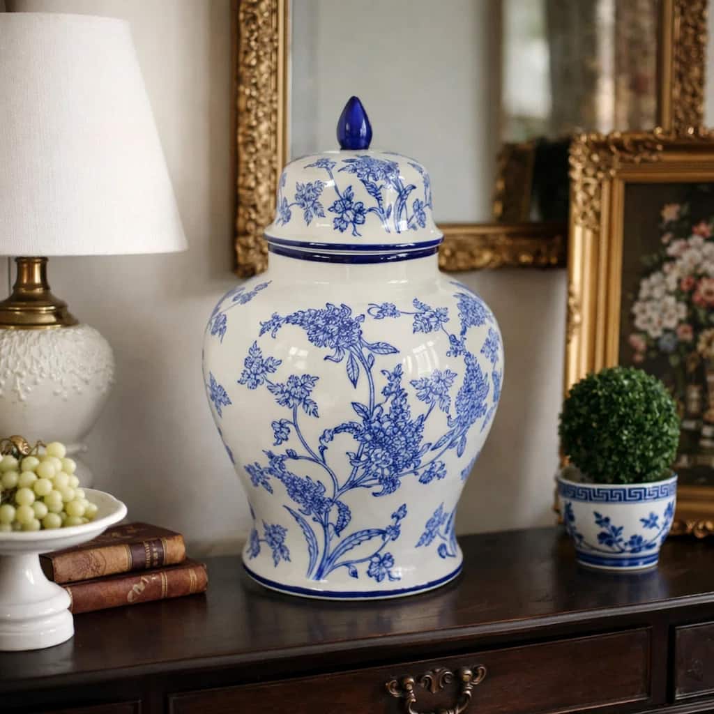 Temple Jar, Blue Floral Design, White Ceramic, Vintage Style, 16 Inch