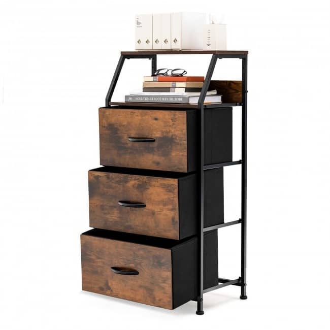 3 Drawer Storage Organizer Dresser with Wood Top and Sturdy Steel Frame-Rustic Brown