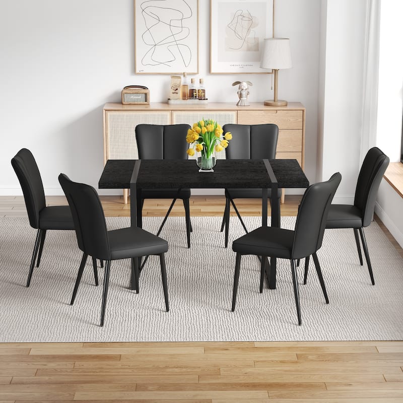 Kitchen Dining Table Set for 4-6 People, Rectangular Wooden Table with Faux Leather Dining Chairs