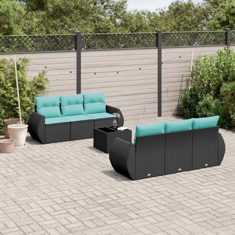 vidaXL Patio Sofa Set with Cushions Outdoor Furniture 7 Piece Poly Rattan - 21.7 x 24.4 x 27.2 - Black and Blue