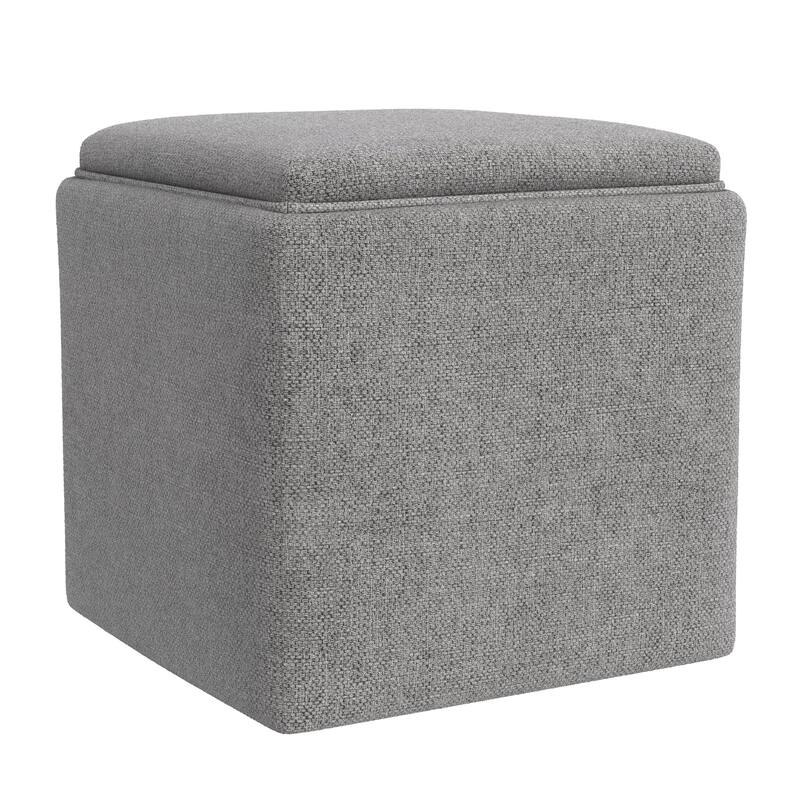 Soa 18 Inch Square Tray-Top Storage Accent Ottoman in Gray Woven Fabric