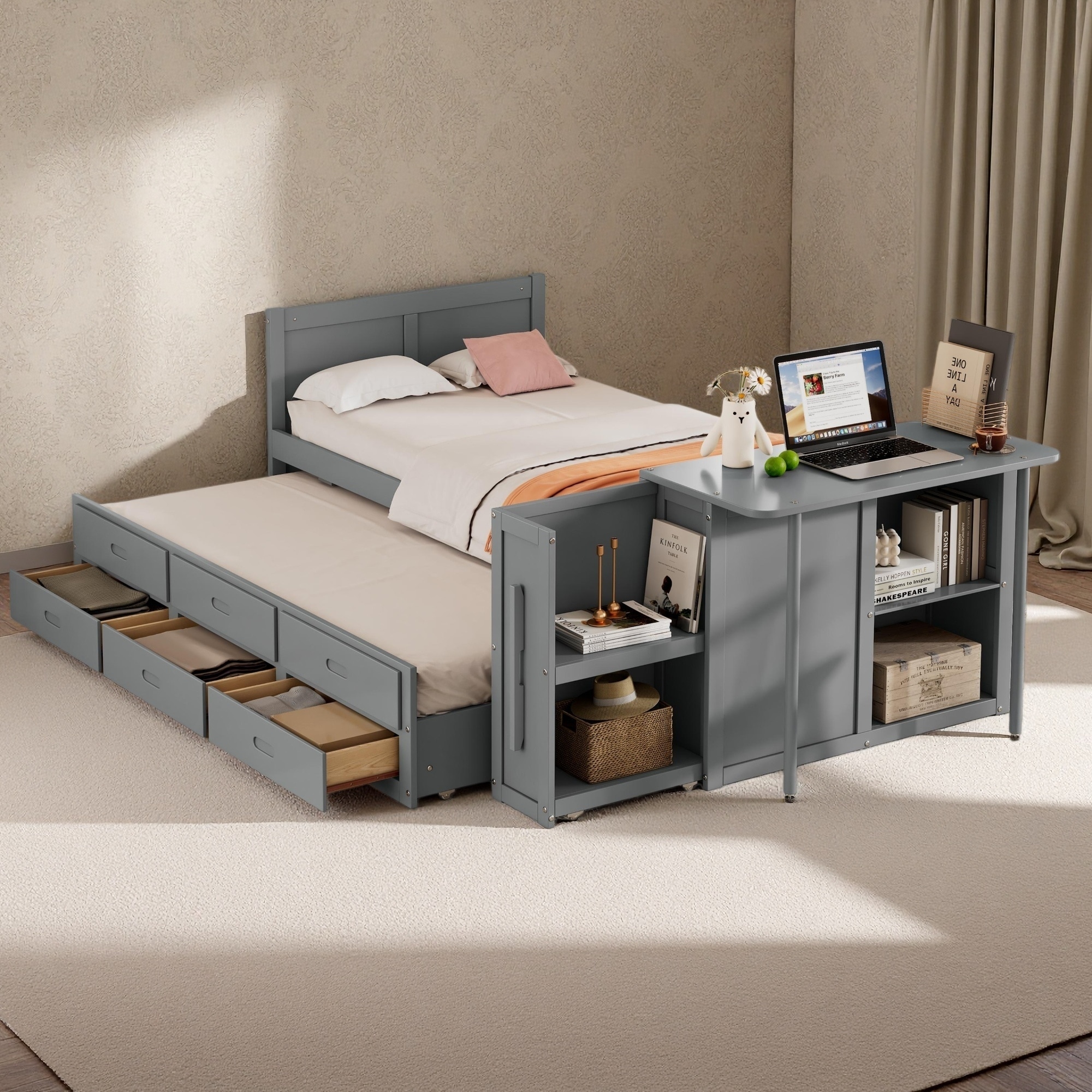Twin Size Multifunctional Wood Platform Bed with Desk, Storage Shelf, Trundle, and 3 Drawers