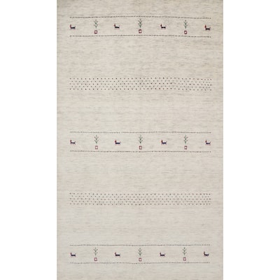 Hand Knotted Oriental 100% Wool Carpet Tribal Animal Pictorial Beige & Ivories Gabbeh Area Rug - 7' 9'' X 5' 1''