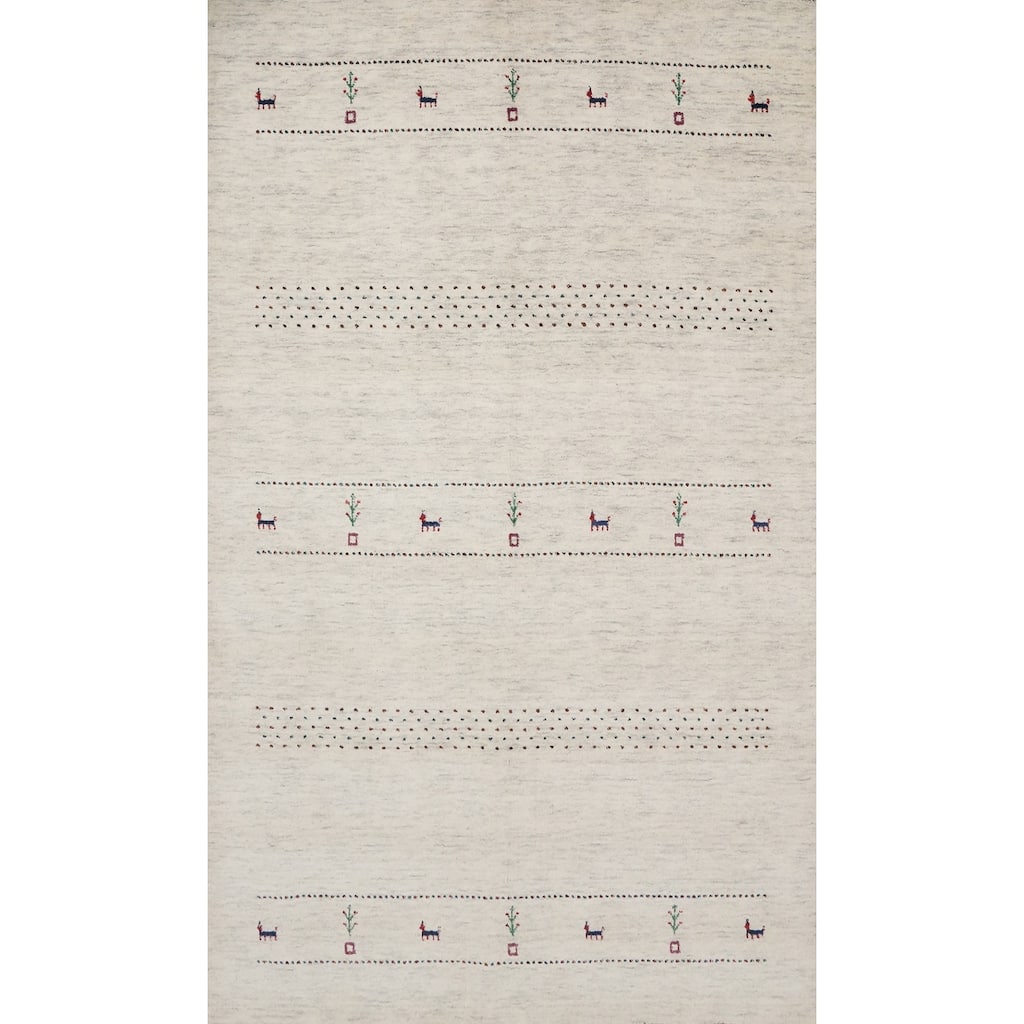 Hand Knotted Oriental 100% Wool Carpet Tribal Animal Pictorial Beige & Ivories Gabbeh Area Rug - 7' 9'' X 5' 1''