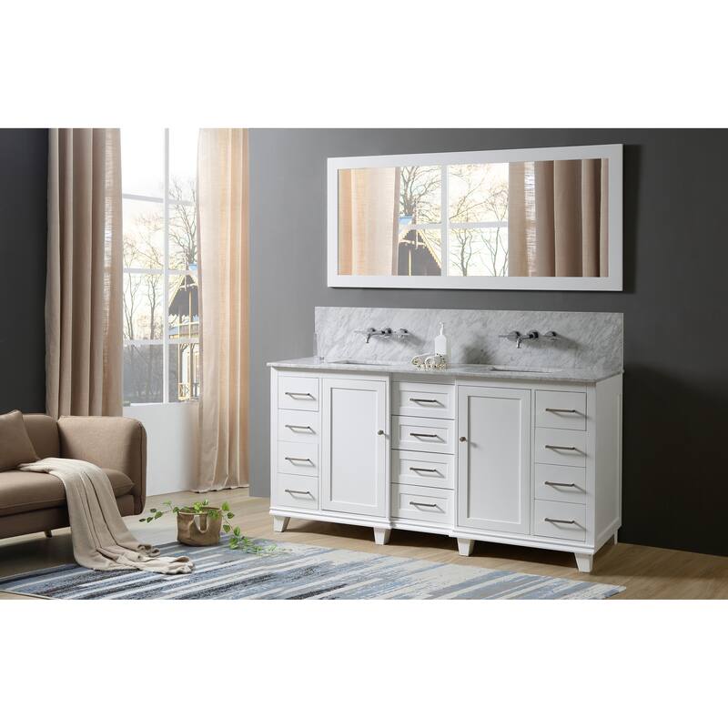 Ultimate Classic Premium 72 In. Vanity In White With Carrara White Marble Vanity Top with white basins and Mirror