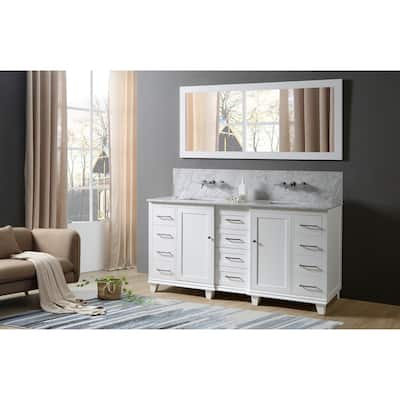 Ultimate Classic Premium 72 In. Vanity In White With Carrara White Marble Vanity Top with white basins and Mirror