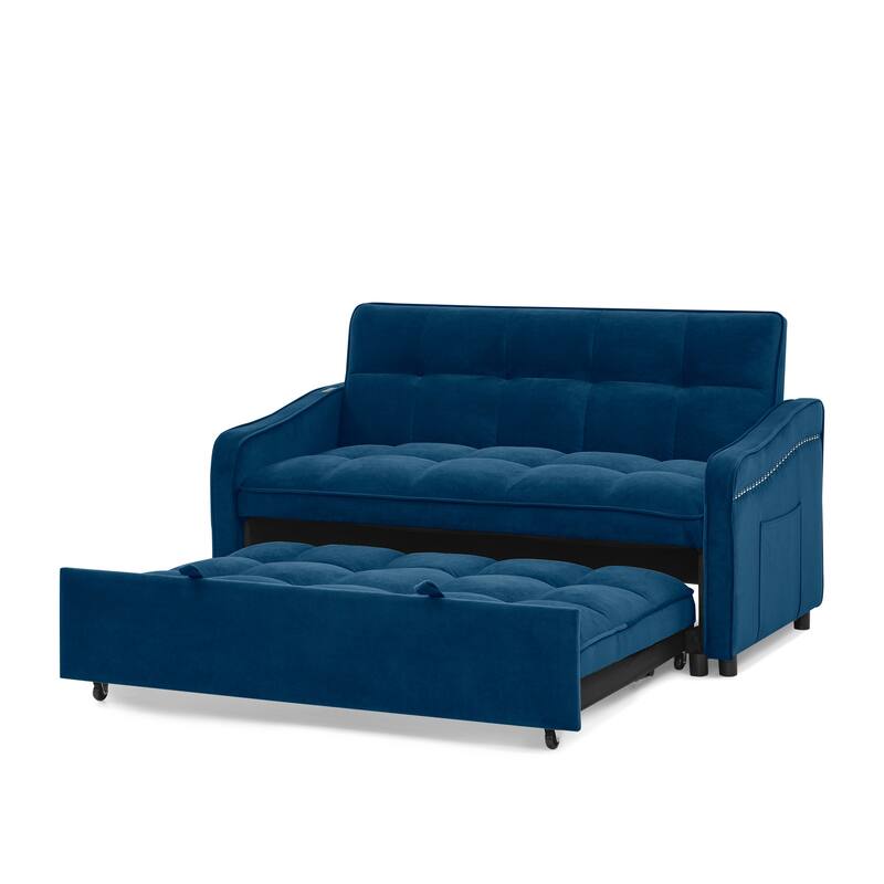 53" Foam Adjustable Loveseat Sofa Bed with Pull-Out Bed, USB/Type-C Charging, Copper Nail Trim, and Arm Storage Pockets