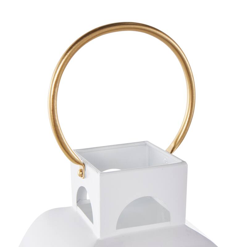White Metal Tall Arched Cutout Candle Lantern with Gold Handle