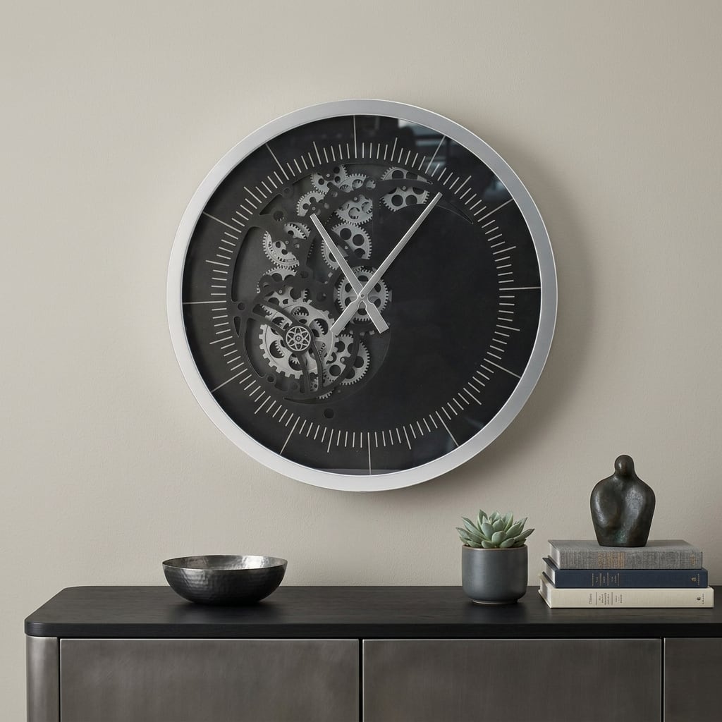 HomeRoots 23" Circle Black and Silver Wood and Glass Analog Wall Clock - 22.80 in. x 22.80 in. x 3.10 in.