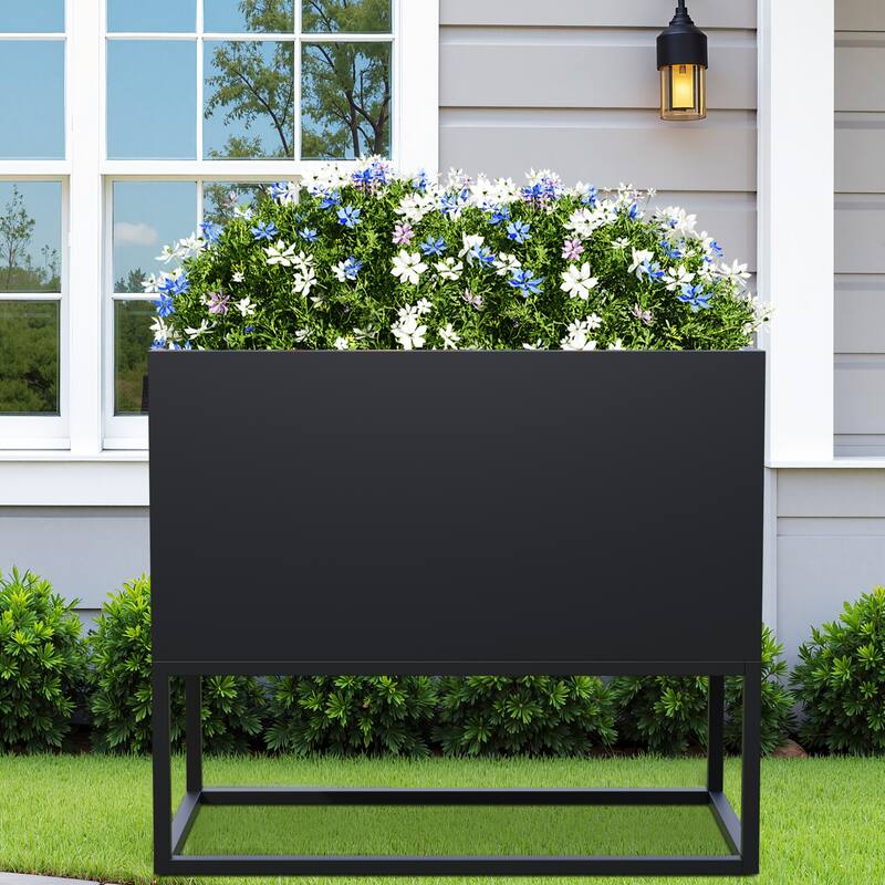 Metal Movable Planter Box with Trellis Privacy Screen Planter Box with Lockable Wheels - Black