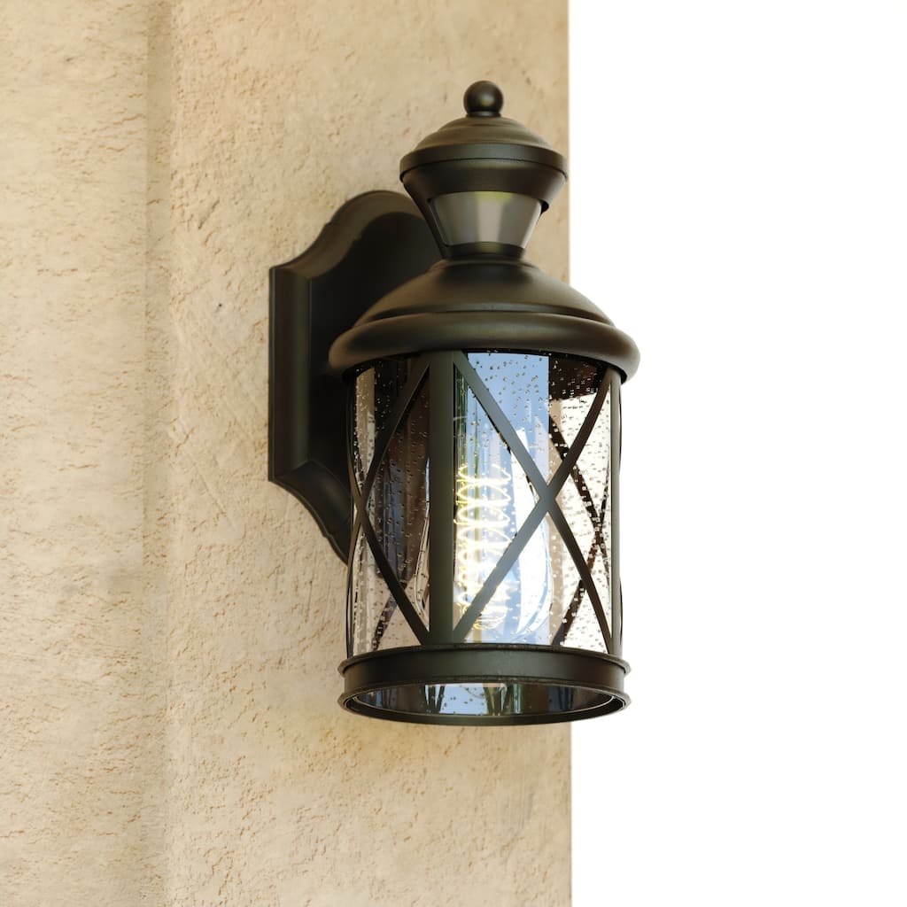 Henderson 1 Light Textured Black Motion Sensor Dusk to Dawn Outdoor Wall Lantern Clear Glass Shade, LED Compatible