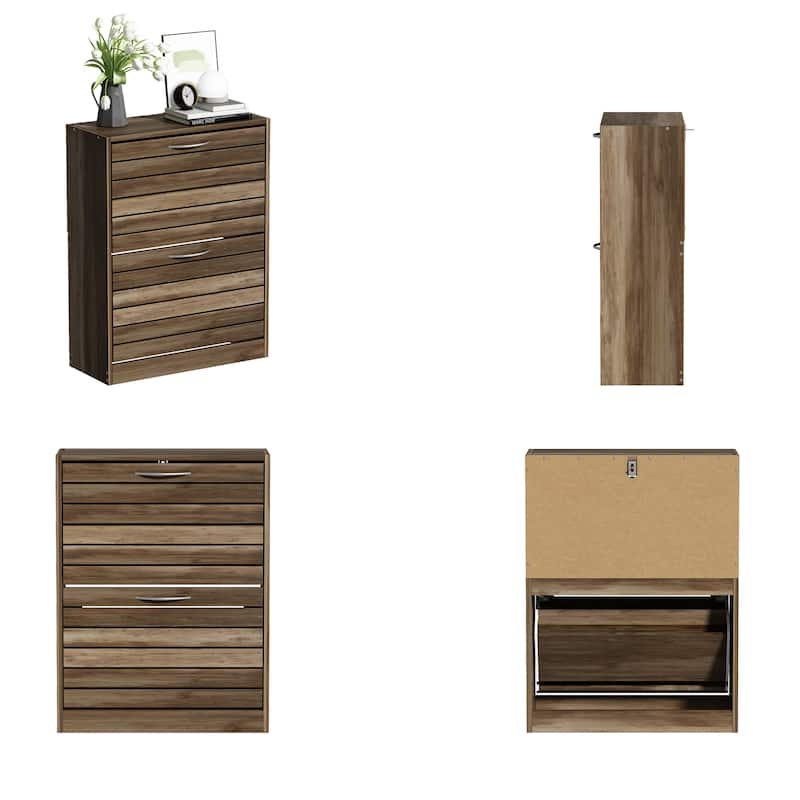 Timechee 8 Pair Shoe Storage Cabinet with 2 Drawers, Wood Louver Door