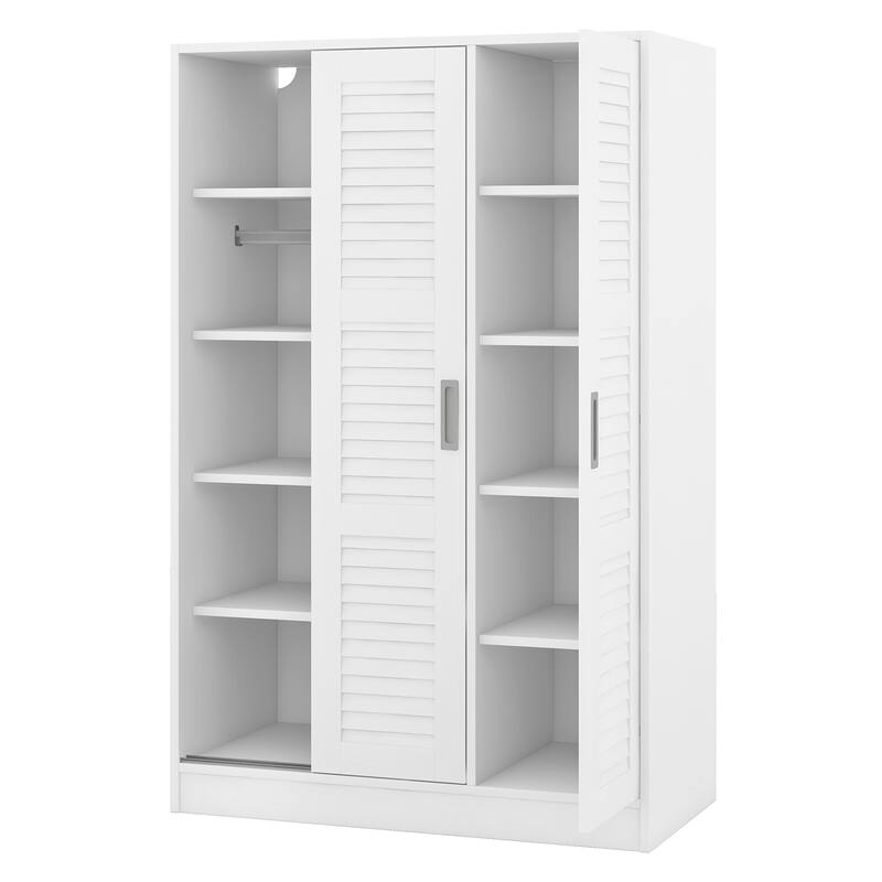 Tall Shutter Armoire Cabinet for Bedroom, Sliding Barn Door Wardrobe with Storage Shelves and Hanging Clothes Rod, White
