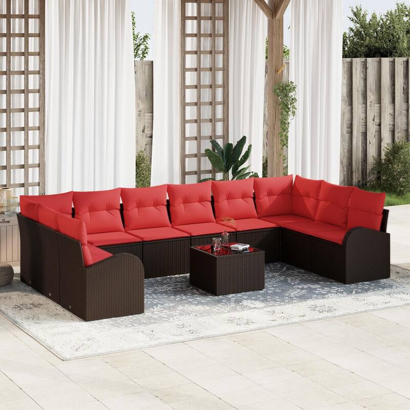 vidaXL 10/11 Garden Sofa Set with Cushions Black/Brown/Grey Poly Rattan - 135.4 x 70.5 x 27.2 - Brown with table