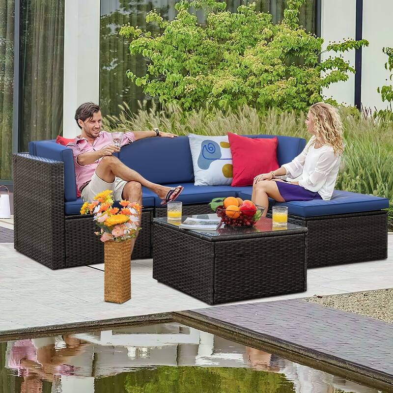 Homall 5 Pieces Patio Furniture Sets Outdoor Sectional Sofa Manual Weaving Rattan - Blue