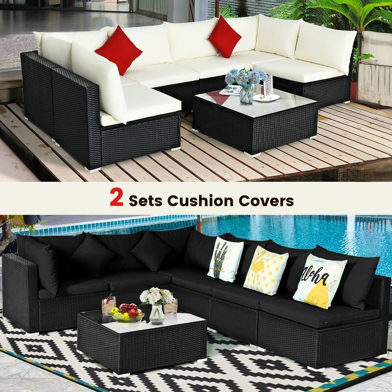 7 PCS Patio Furniture Set Outdoor Rattan Conversation Set w/ Table
