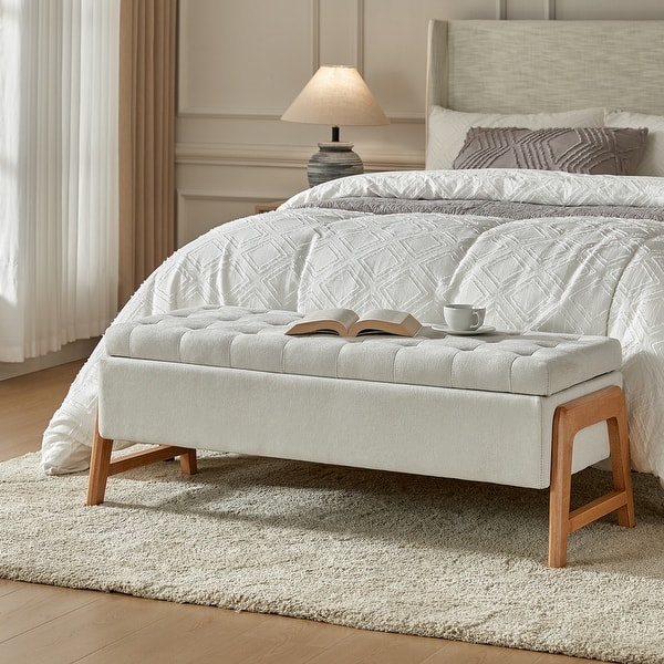 Rita Mid-century Modern Upholstered Storage Bench with Tufted Seat and Solid Wood Leg by HULALA HOME - Ivory