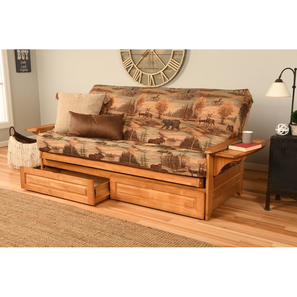 Somette Phoenix Butternut Futon Set with Storage Drawers and Mattress