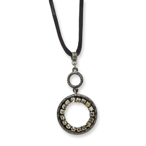 Black IP Black Crystal Circle on Satin Cord Necklace - 16in