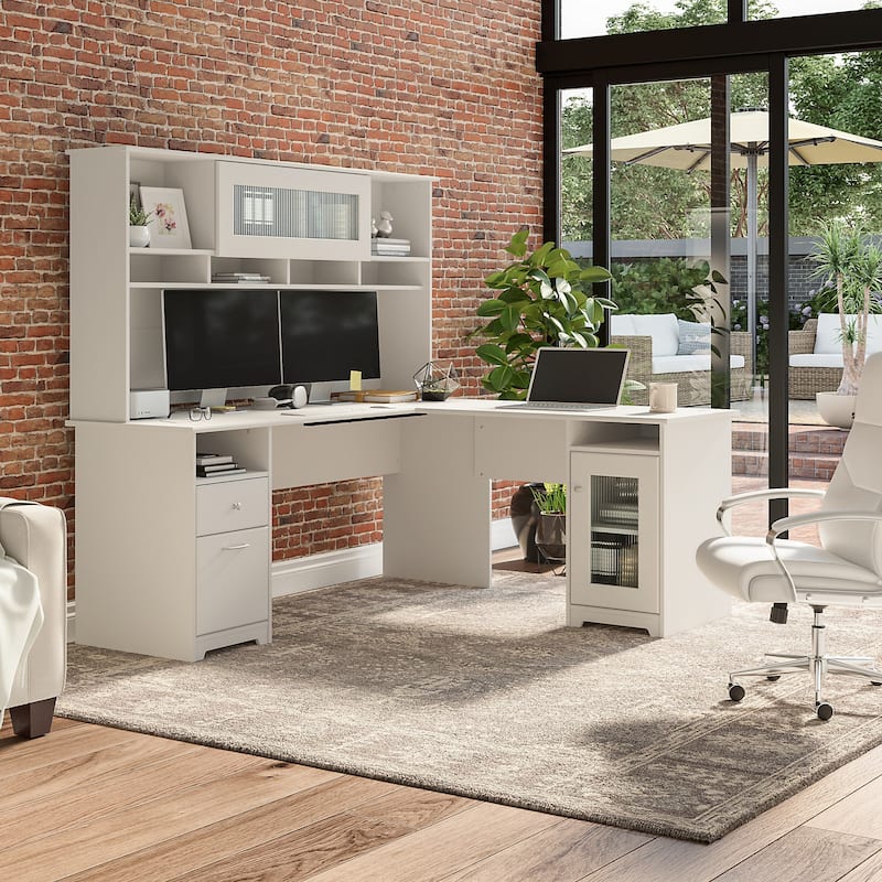 Cabot 72W L Shaped Desk with Hutch and Storage by Bush Furniture - White