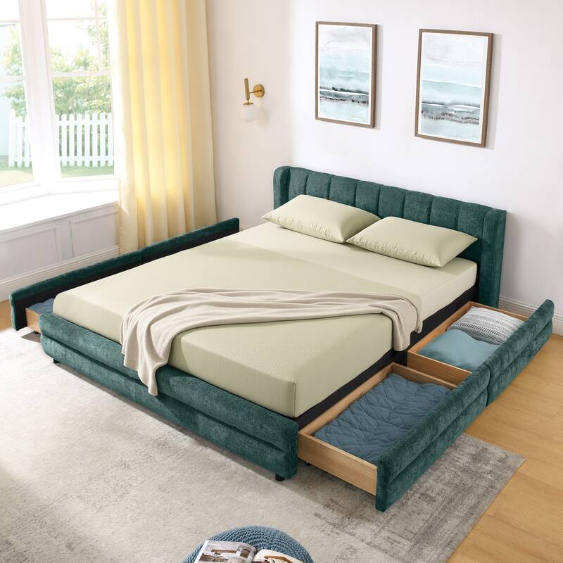 Rossetta Queen Size Upholstered Thick Fabric Bed Frame with Headboard and Storage Drawer